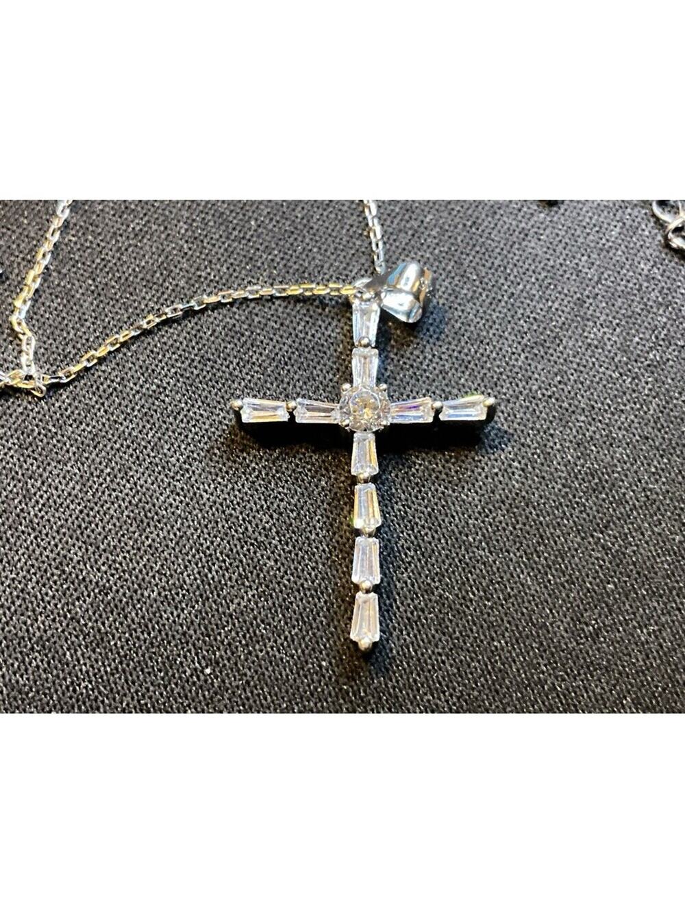 925 Sterling Silver Crystal Stone Cross Pendant 16in